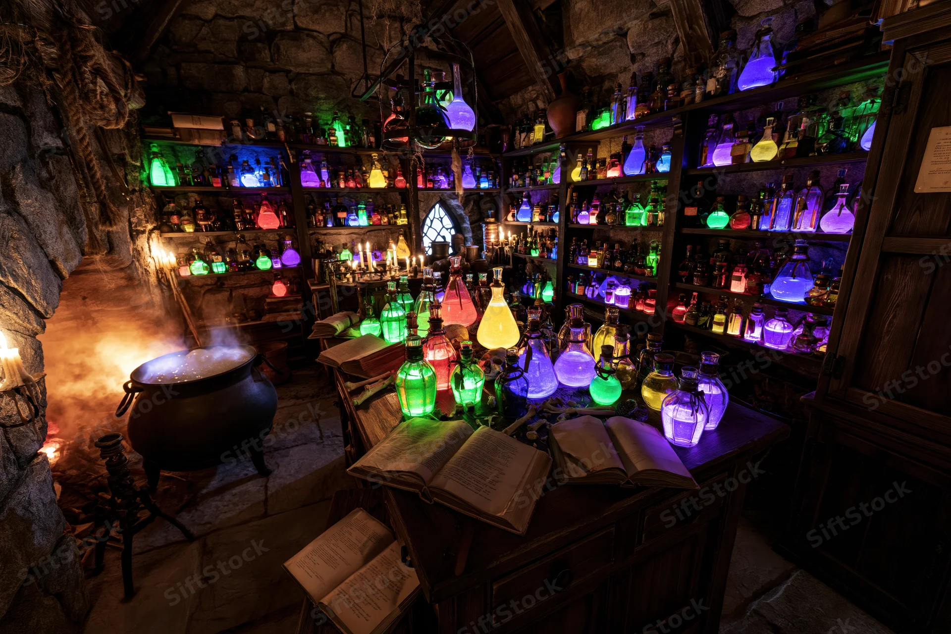 Medieval alchemist's workshop with glowing potions on shelves and a steaming cauldron over fire