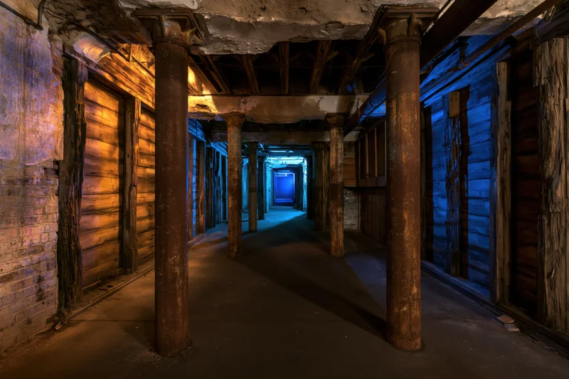 Long tunnel in abandoned industrial basement with rusted pillars and blue-orange lighting