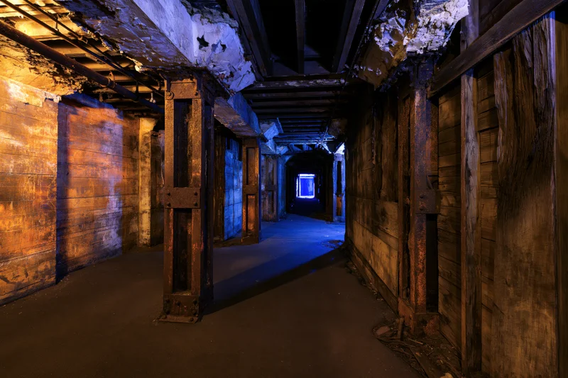 Dimly lit corridor in abandoned industrial basement with rusted metal beams and wooden walls leading to blue-lit exit