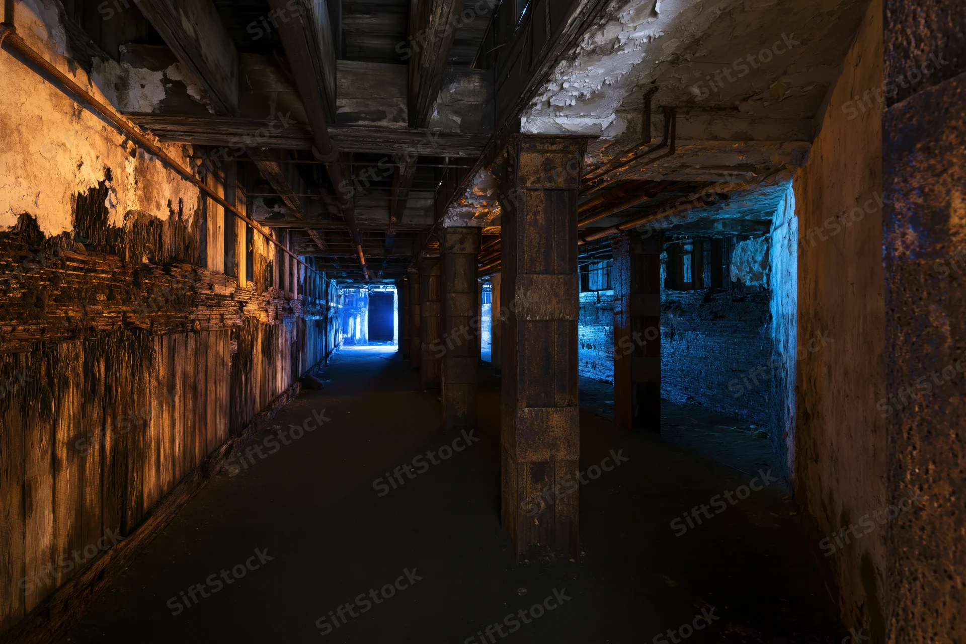 Dimly lit corridor in abandoned industrial basement with exposed pipes and brick walls