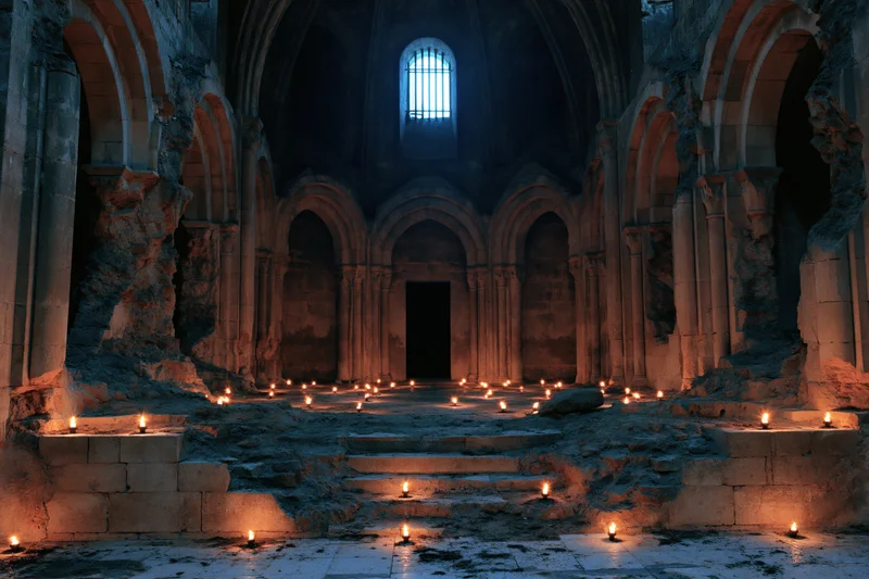 Ancient gothic cathedral interior with crumbling stone walls and scattered candles glowing in the dark