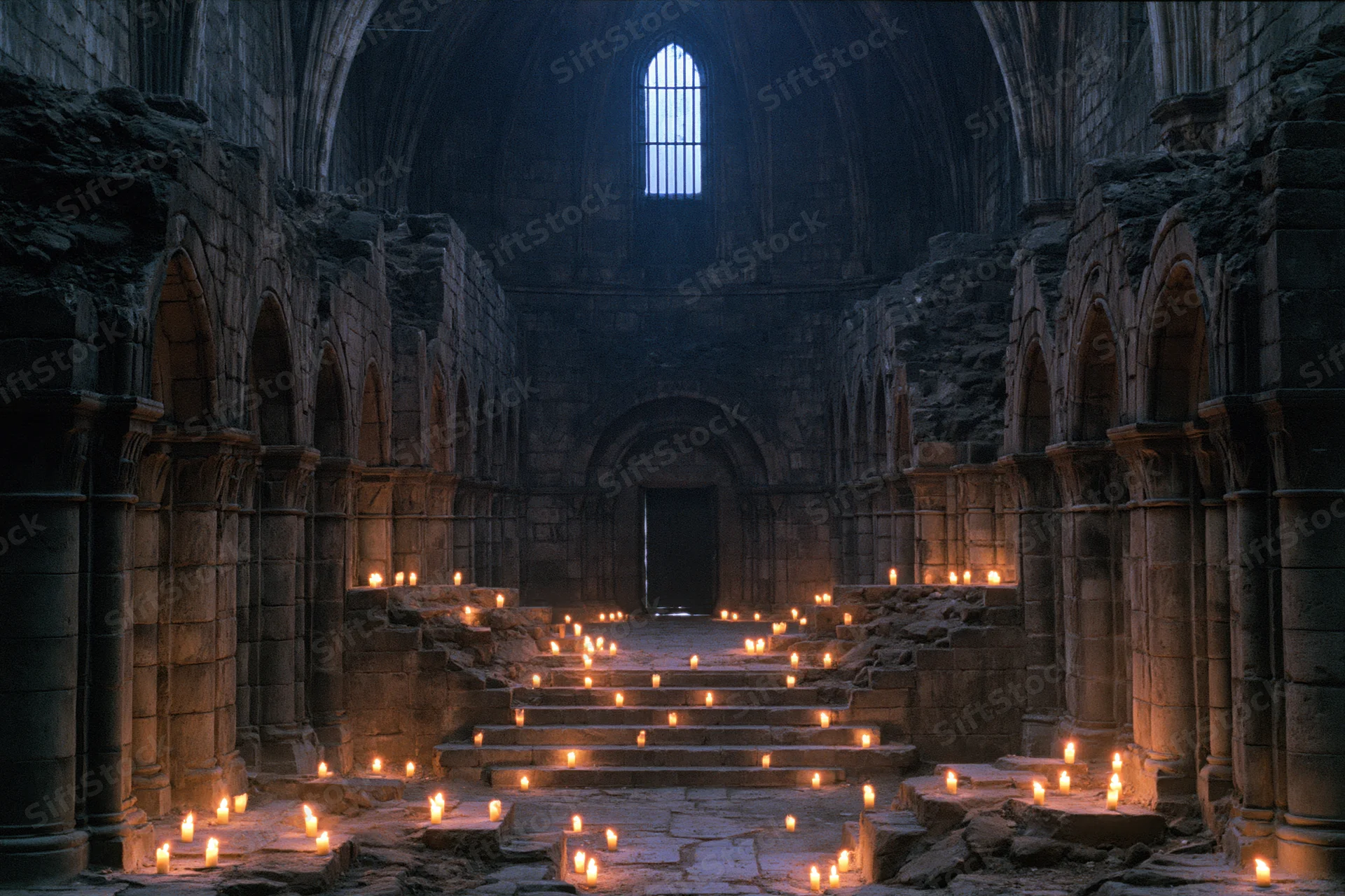 Ancient gothic cathedral interior with scattered candles on stone steps and crumbling walls