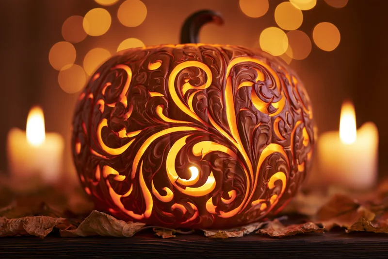 Intricately carved pumpkin with swirling patterns illuminated by candles on a wooden table surrounded by dried leaves