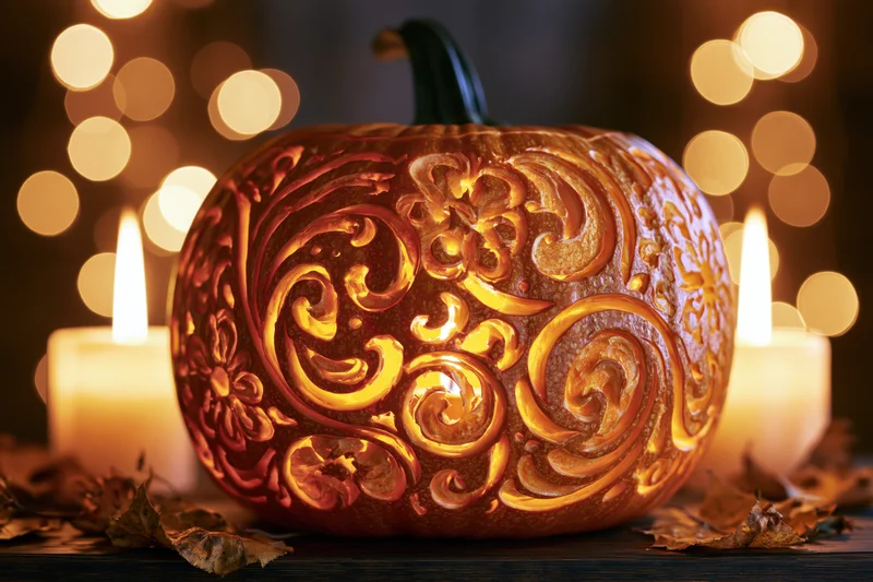 Intricately carved pumpkin with swirling patterns illuminated by candles on a wooden table surrounded by dry leaves and warm bokeh lights