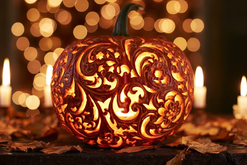 Intricately carved pumpkin glowing with candlelight on a wooden table surrounded by dry leaves and warm bokeh lights