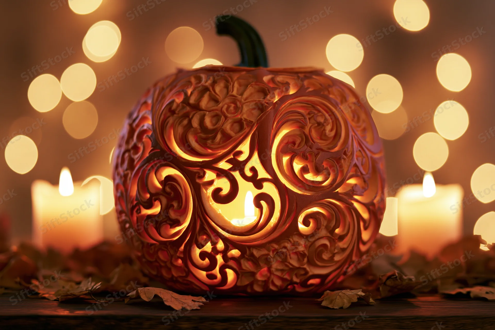 Intricately carved pumpkin glowing with candlelight on a wooden table surrounded by autumn leaves and bokeh lights