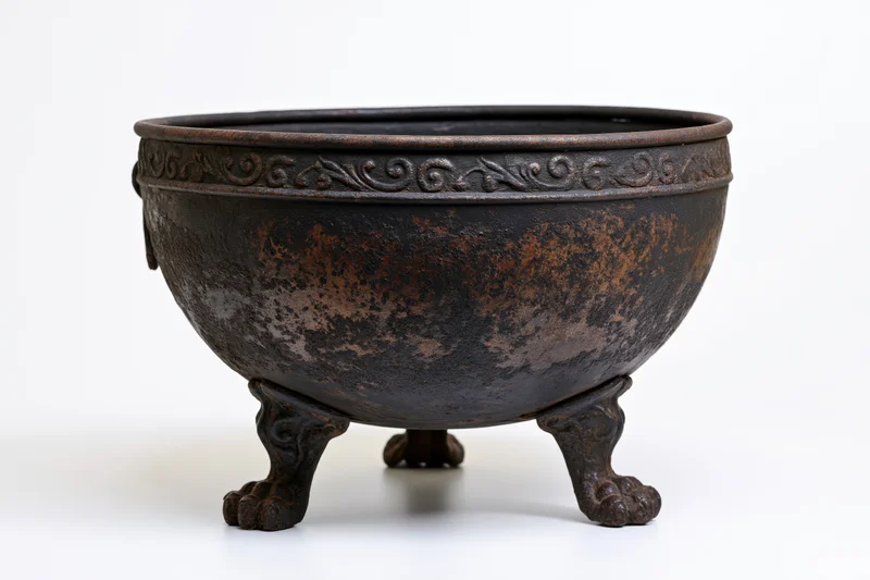 Antique cast iron cauldron with ornate tripod legs and decorative rim on white background