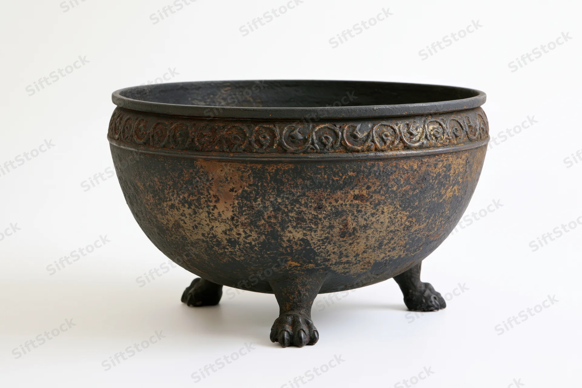 Large antique cast iron cauldron with ornate scrollwork rim and three clawed legs on white background