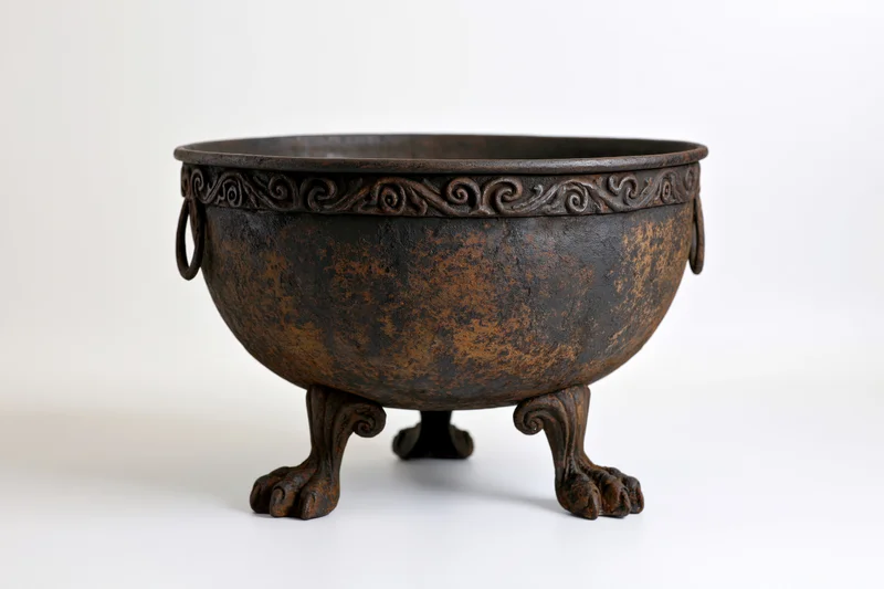 Large antique cast iron cauldron with ornate claw feet and scroll detailing standing on white surface