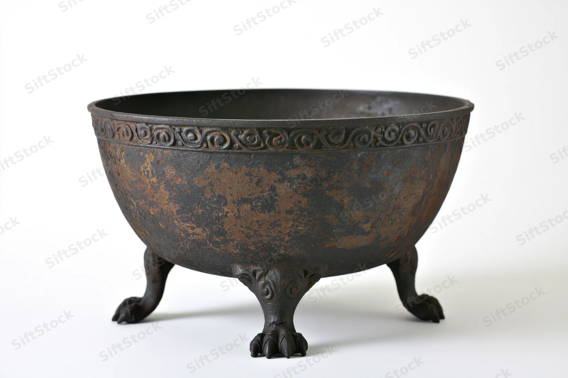 Large antique cast iron cauldron with ornate clawed legs on white background