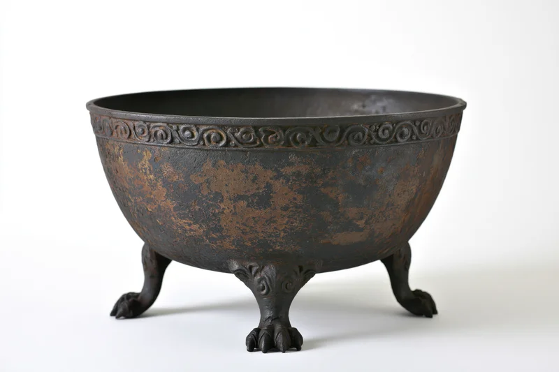 Large antique cast iron cauldron with ornate clawed legs on white background