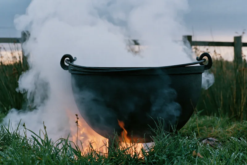 Large black cast iron cauldron boiling over open fire in grassy field at evening