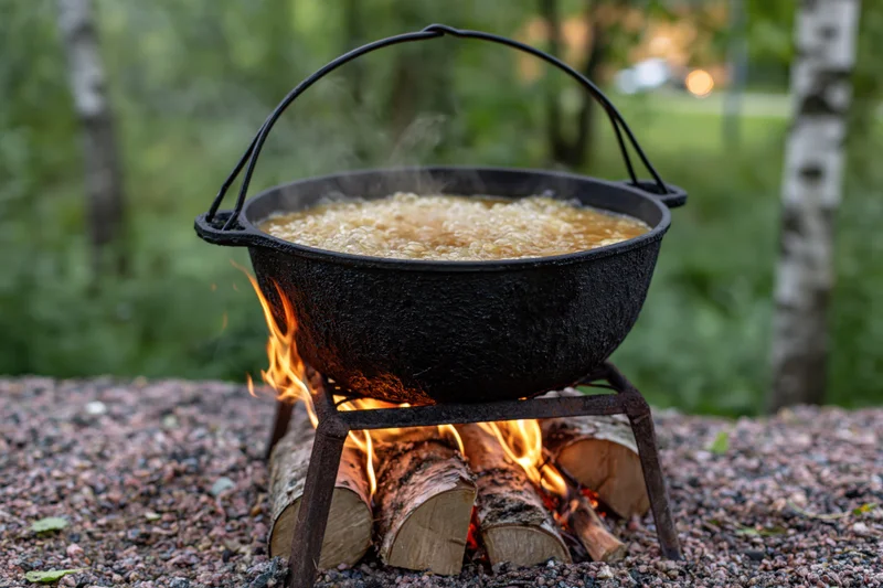 Black cast iron cauldron boiling soup over a campfire in a forest clearing