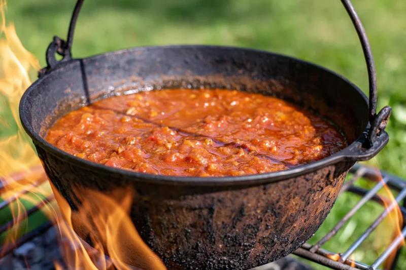Cast iron cauldron filled with chunky red stew simmering over open flames on a metal grid outdoors