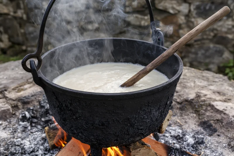 Blackened cast iron cauldron boiling creamy liquid over open fire outdoors