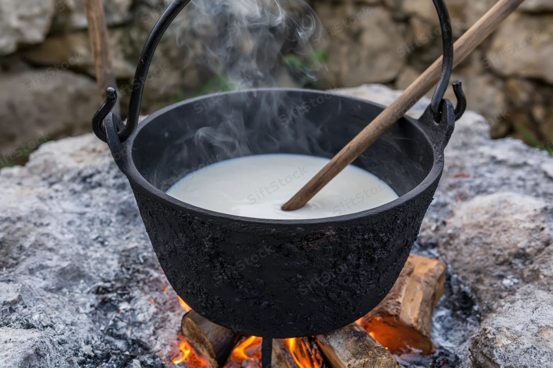 Black cast iron cauldron simmering over open fire with wooden spoon stirring, set on stone surface surrounded by flames and ash