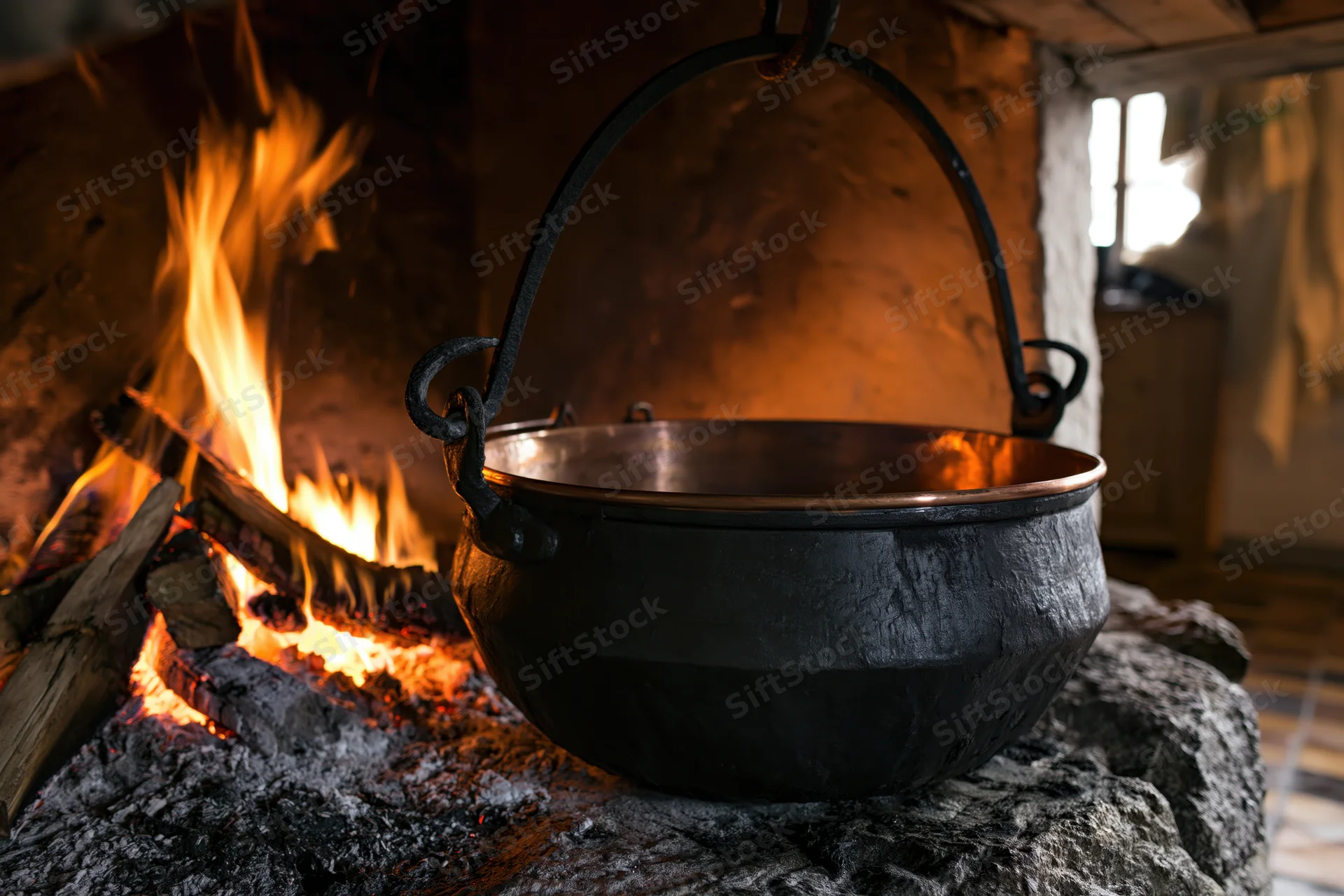 Blackened copper cauldron hanging over open fire in stone fireplace