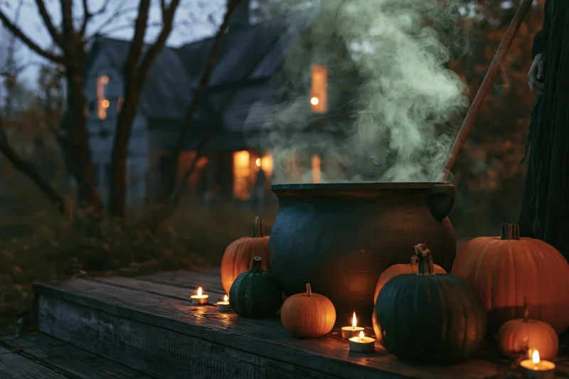 Large cast iron cauldron emitting smoke on weathered wooden steps surrounded by pumpkins and candles at night