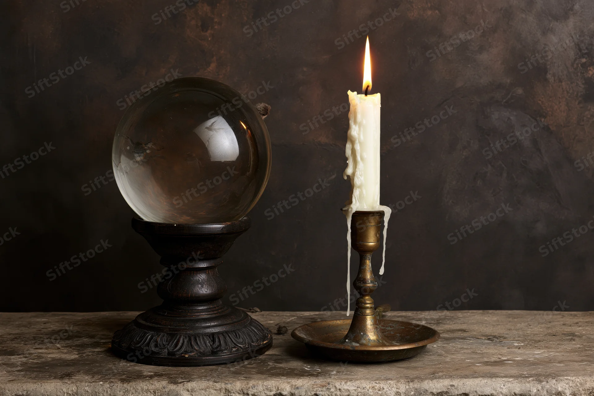 Crystal ball on ornate wooden stand beside lit candle in brass holder on rustic table
