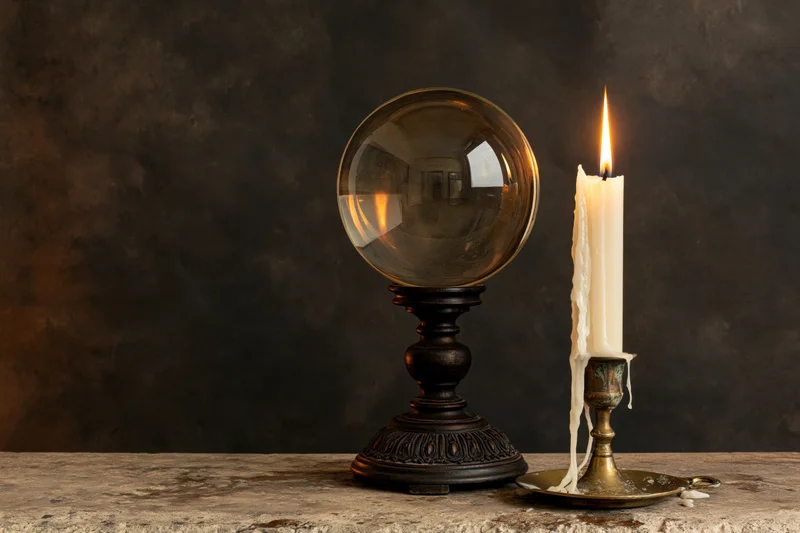 Crystal ball on ornate wooden stand beside lit candle on rustic table