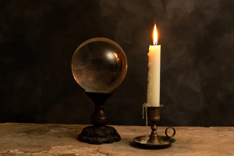 Crystal ball on wooden stand beside lit candle in brass holder on stone table against dark backdrop
