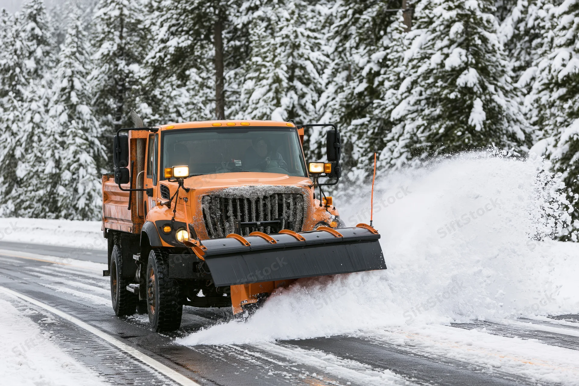 Orange municipal snowplow truck clearing snow from a two-lane road surrounded by snow-covered evergreen trees