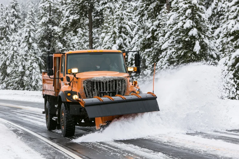 Orange municipal snowplow truck clearing snow from a two-lane road surrounded by snow-covered evergreen trees