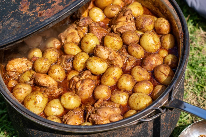 Braised chicken and potatoes simmering in a large cast iron pot outdoors on grass