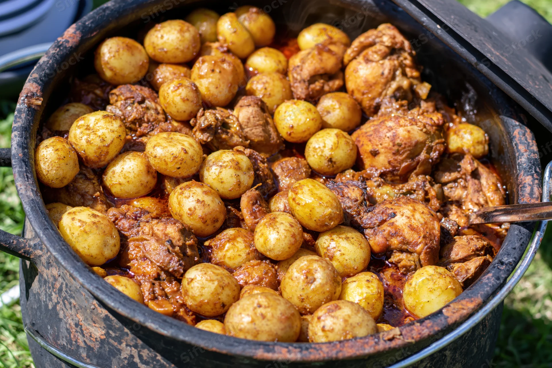 Braised chicken and potatoes cooking in a large cast iron pot outdoors on grass