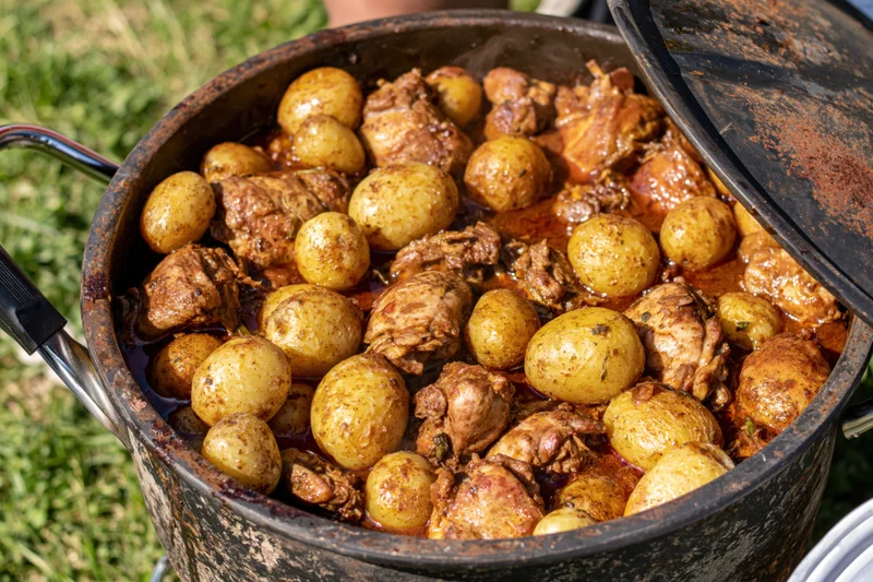 Braised chicken and potatoes in a large metal pot outdoors on grass