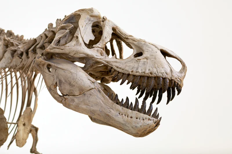 Fossilized theropod dinosaur skeleton with open jaw and sharp teeth displayed in museum exhibit