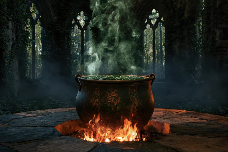 Large weathered copper cauldron bubbling over open flames in a gothic ruin surrounded by ivy and forest at night