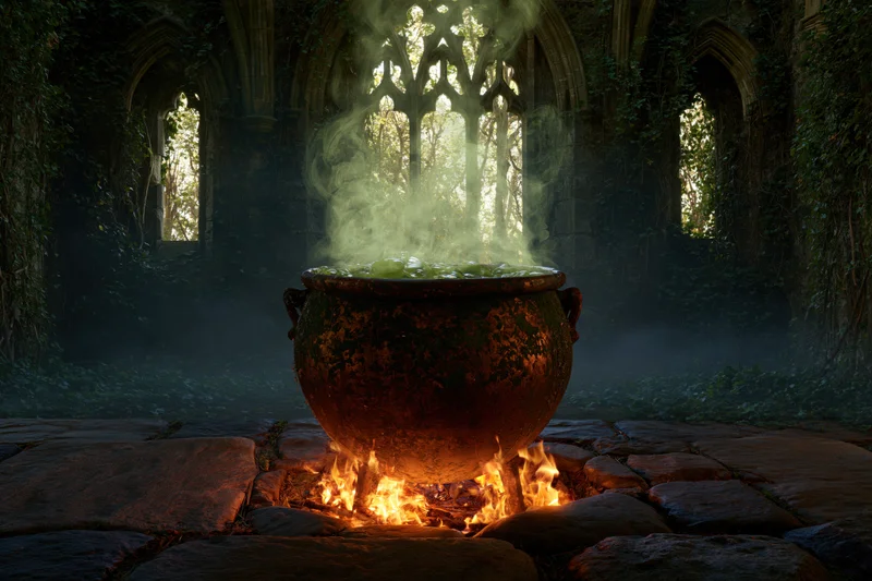 Large weathered copper cauldron bubbling over open flames in a gothic ruin surrounded by ivy and forest light