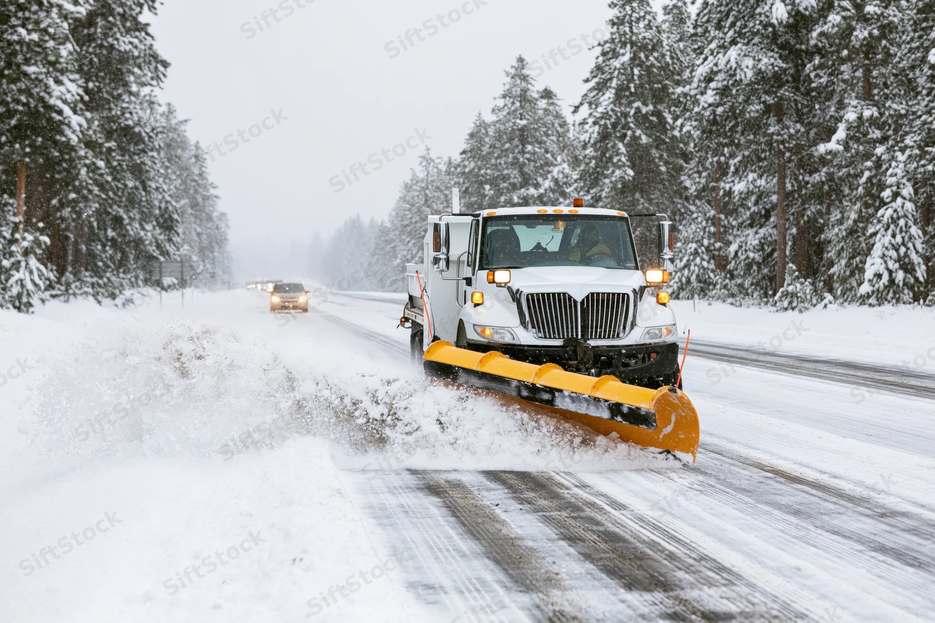 White municipal snowplow truck clearing snow on a forested highway during winter storm