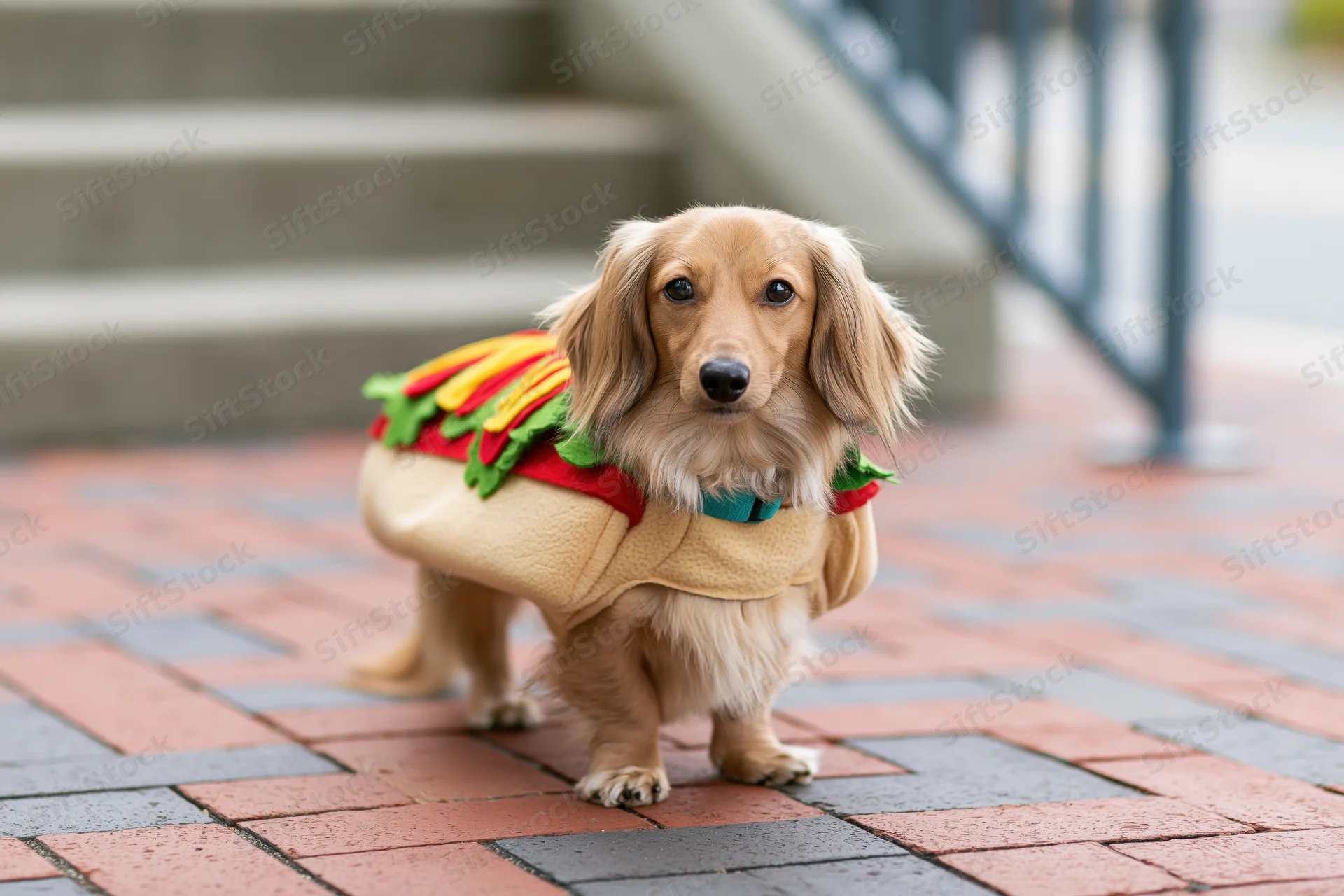 Long-haired miniature dachshund wearing hot dog costume standing on brick pavement outdoors