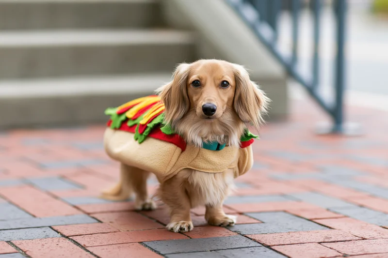 Long-haired miniature dachshund wearing hot dog costume standing on brick pavement outdoors