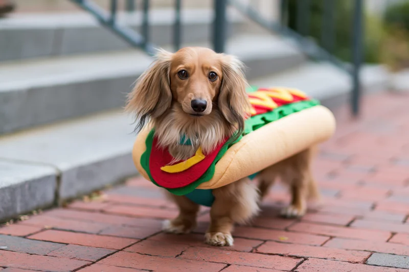 Long-haired miniature dachshund wearing hot dog costume on brick sidewalk near steps
