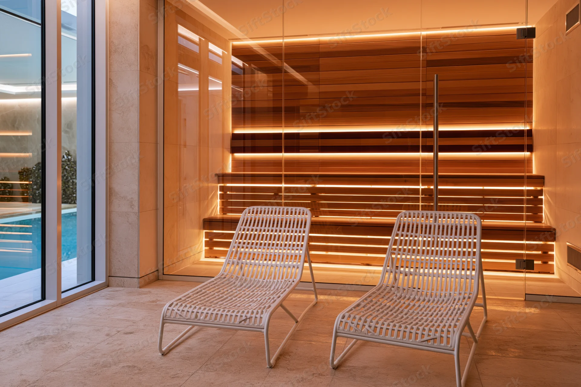 Two white lattice lounge chairs in a modern spa interior with glass partition and pool view