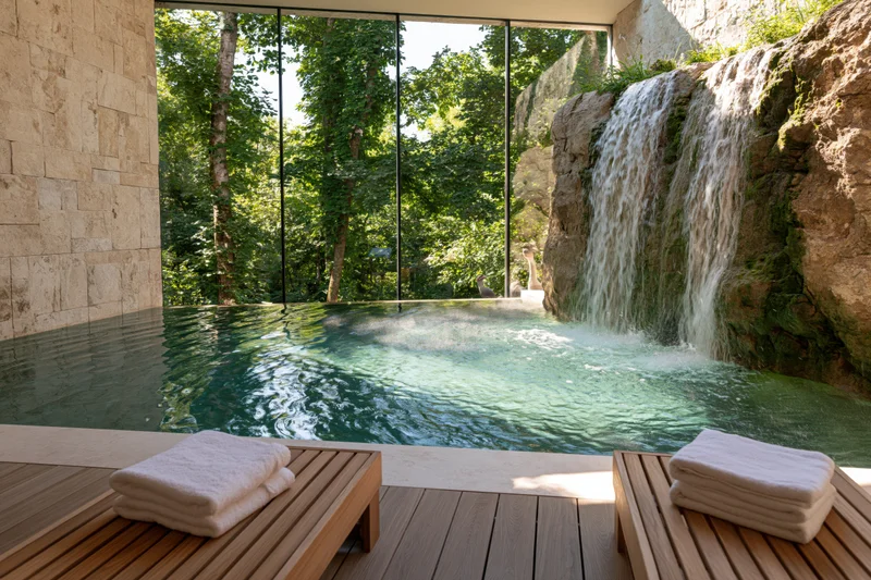 Indoor pool with waterfall and forest view in luxury spa interior