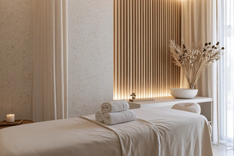 Massage table with rolled towels and ambient lighting in a luxury spa treatment room