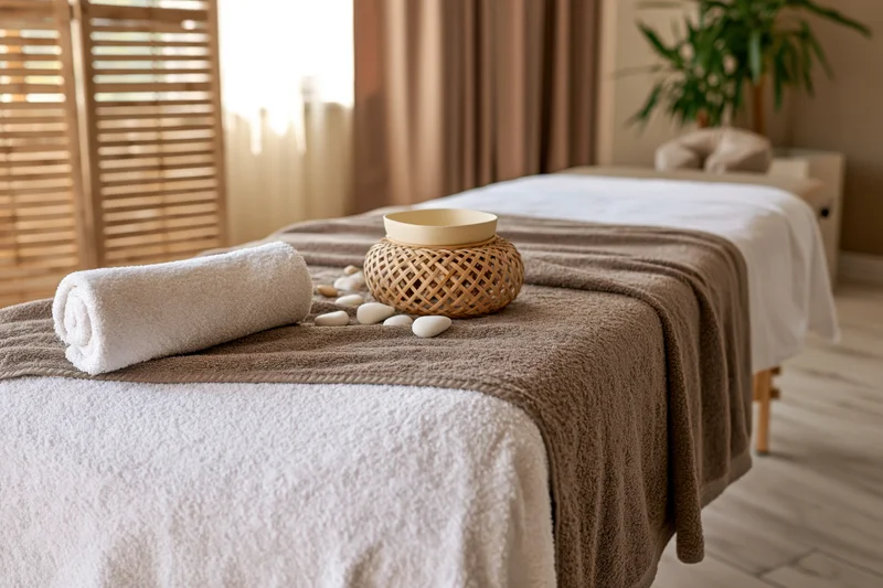 Massage table draped with white and taupe terry cloth towels in a serene spa room