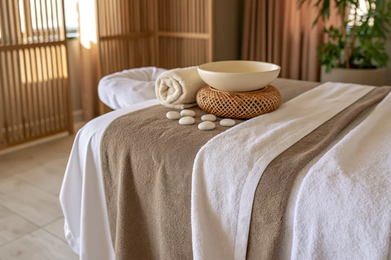 Massage table draped with white and taupe terry cloth towels in a serene spa room