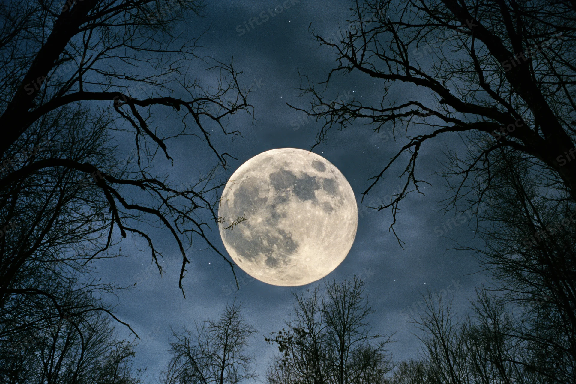 Full moon rising low in night sky framed by bare tree silhouettes in forest