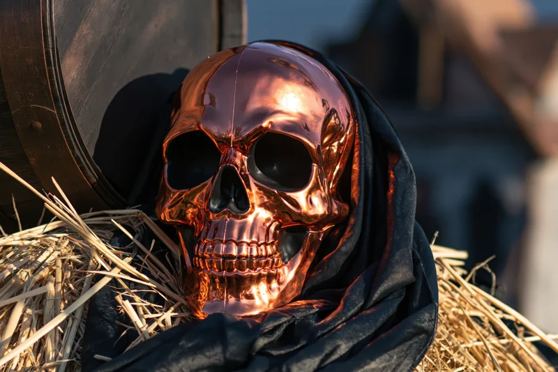 Copper metallic skull with black hood resting on hay bales beside a wooden barrel