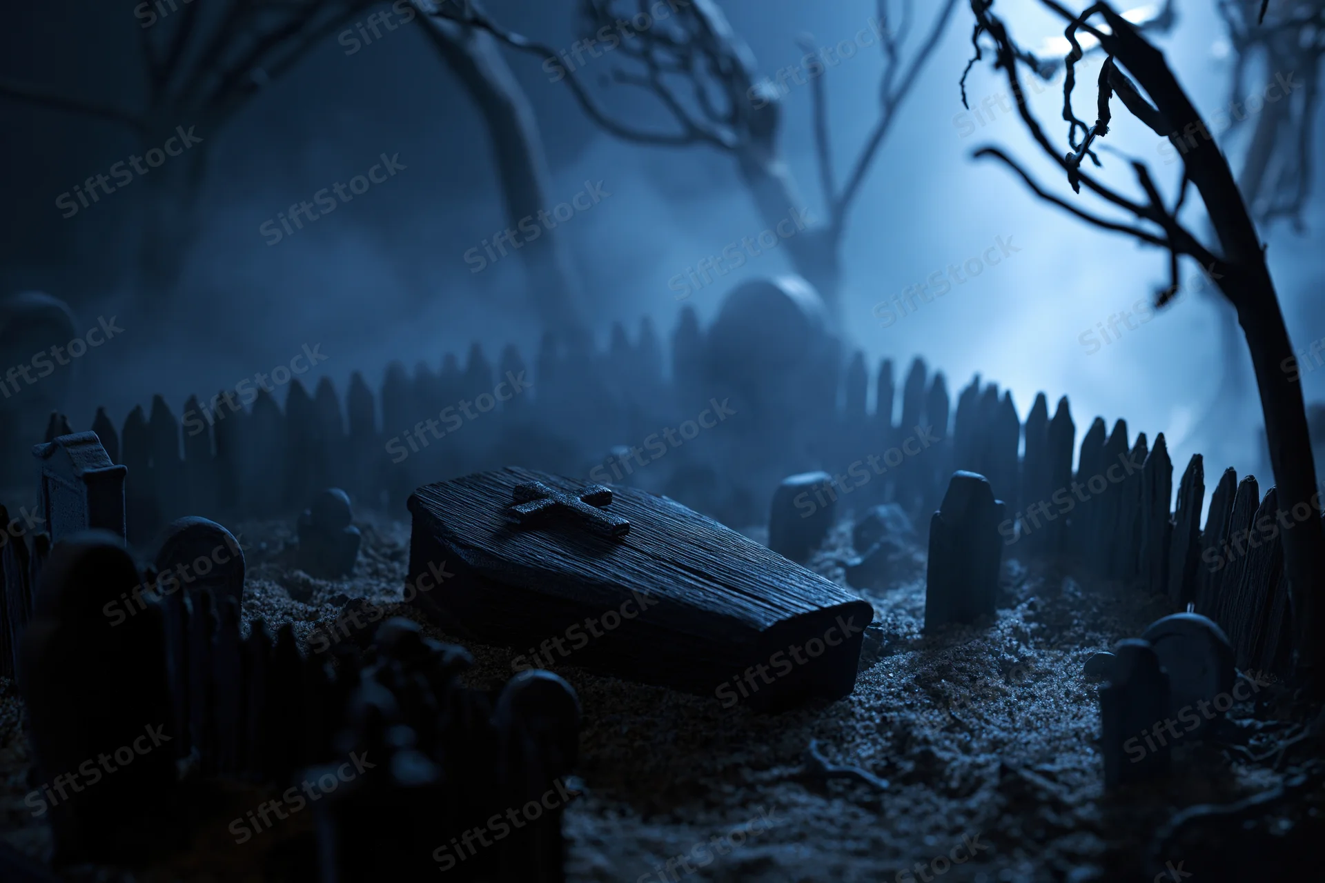 Miniature graveyard diorama with tombstones and coffin under foggy moonlight at night