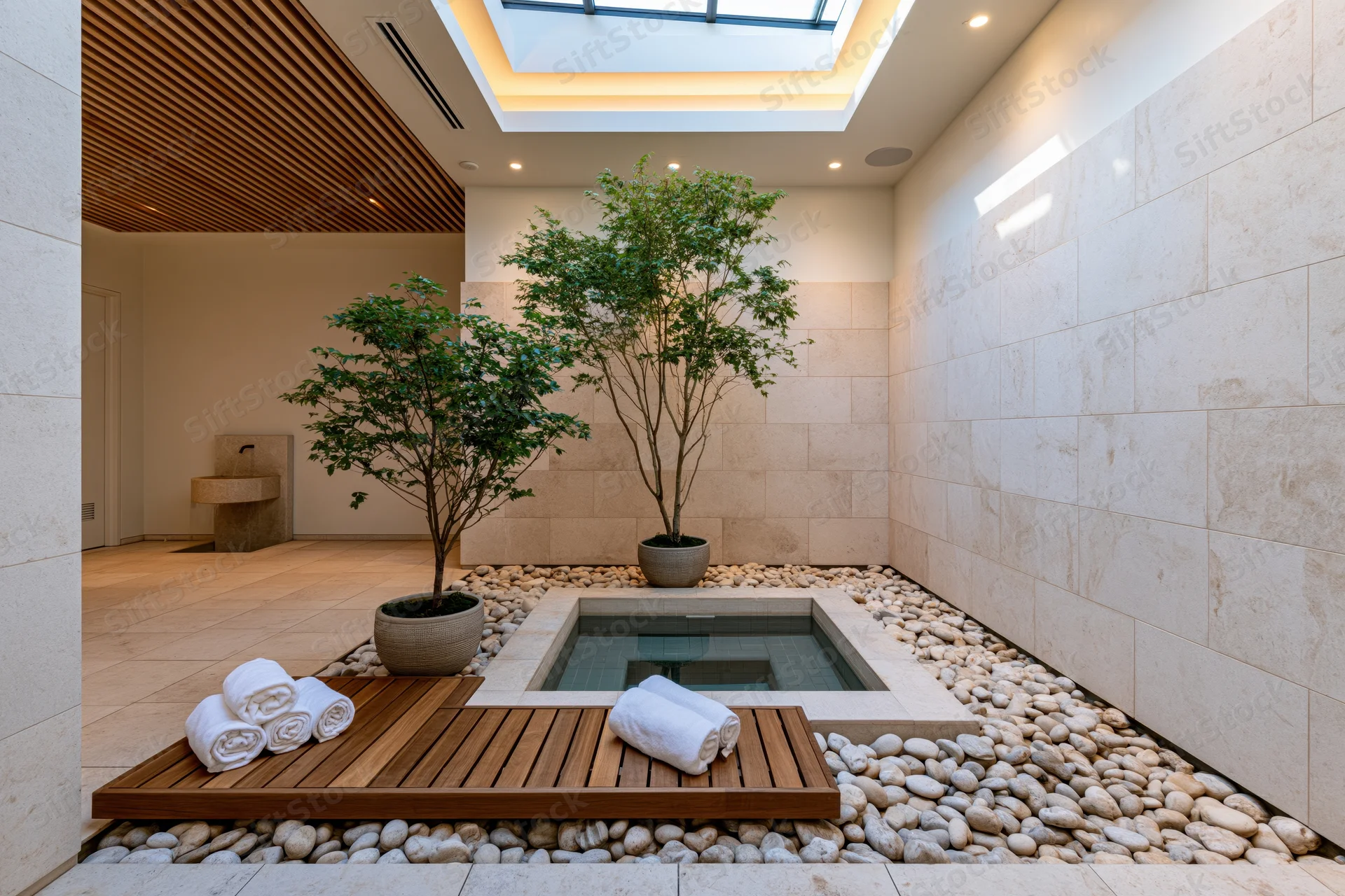 Minimalist indoor wellness courtyard with recessed water feature and potted trees surrounded by pebbles and wooden deck with rolled towels under skylight