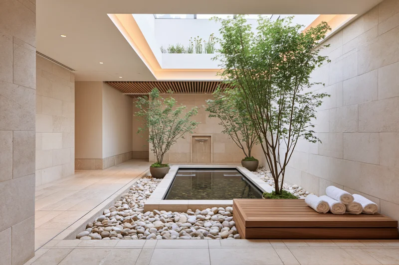 Minimalist indoor wellness courtyard with recessed water feature, stone pebbles, potted trees, and wooden bench with rolled towels under skylight