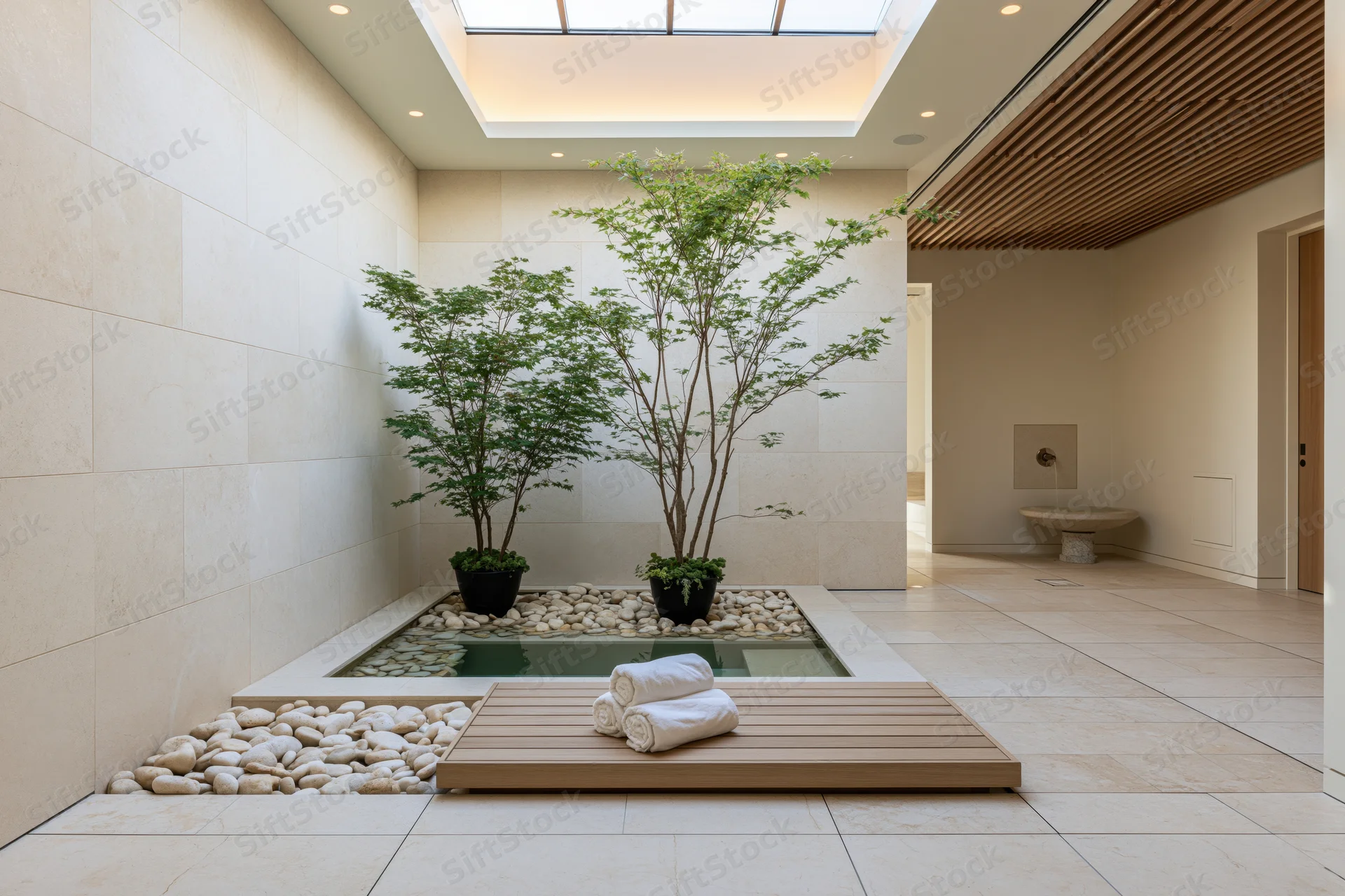 Minimalist indoor wellness courtyard with recessed water feature, potted trees, and wooden bench holding rolled towels under skylight