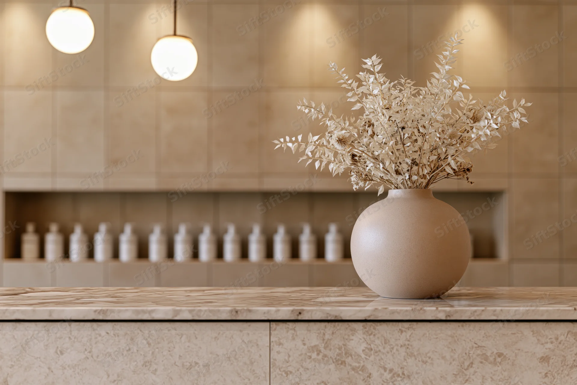 Round ceramic vase with dried flowers on a spa reception counter