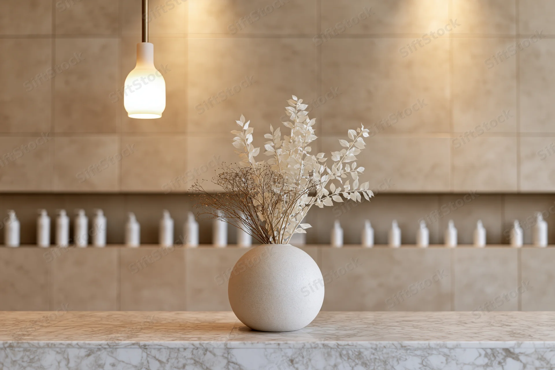 Round ceramic vase with dried white flowers on a marble spa reception counter under pendant light